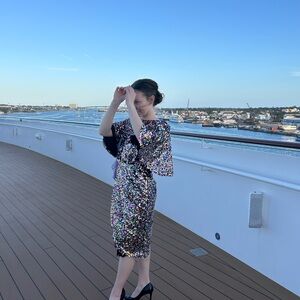 Ivy City Co Silver Sheath Midi Dress with Flutter Sleeves